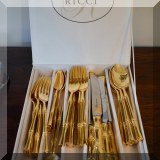 S01c. 40 Piece vintage Ricci goldtone bamboo flatware: includes: 8-5 piece place settings (8 dinner forks, 8 dinner knives, 8 lunch forks, 8 tablespoons and 8 teaspoons), - $325 